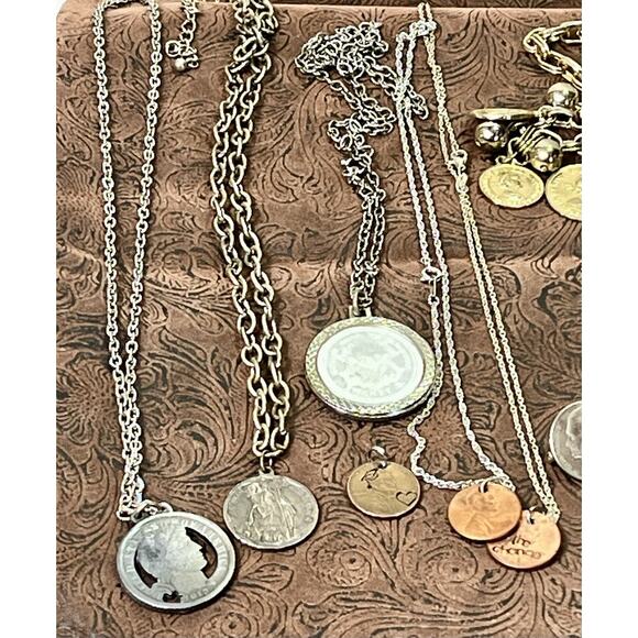 Large Mixed Metals Coin Jewelry Lot 22 Necklaces Bracelets Pendants Watch Coins - Picture 9 of 15